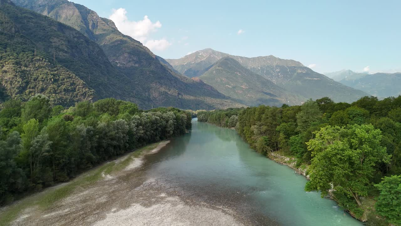 The beautiful the Toce River and the mountains in the background