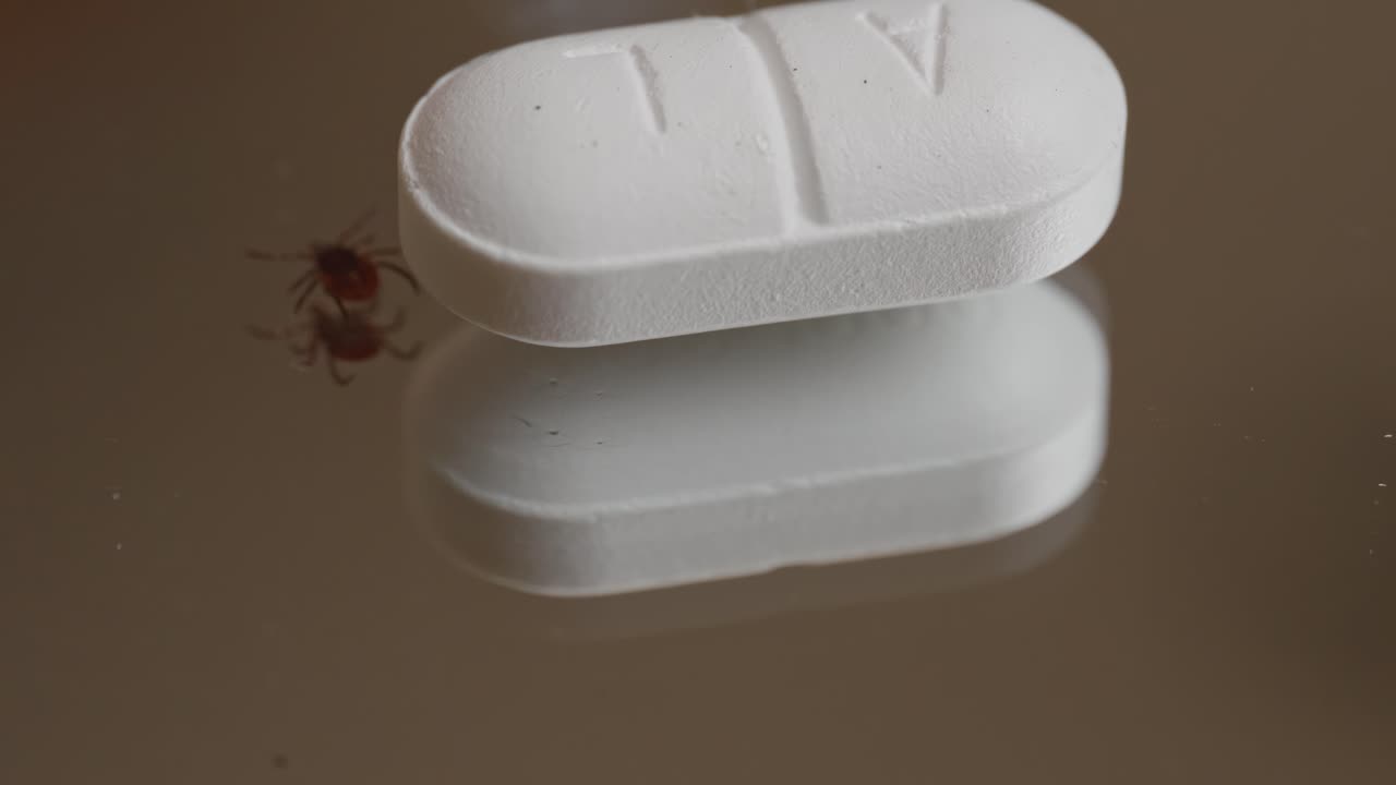 Macro closeup of tick walking beside medicine pill and reflection representing disease and healthcare concept