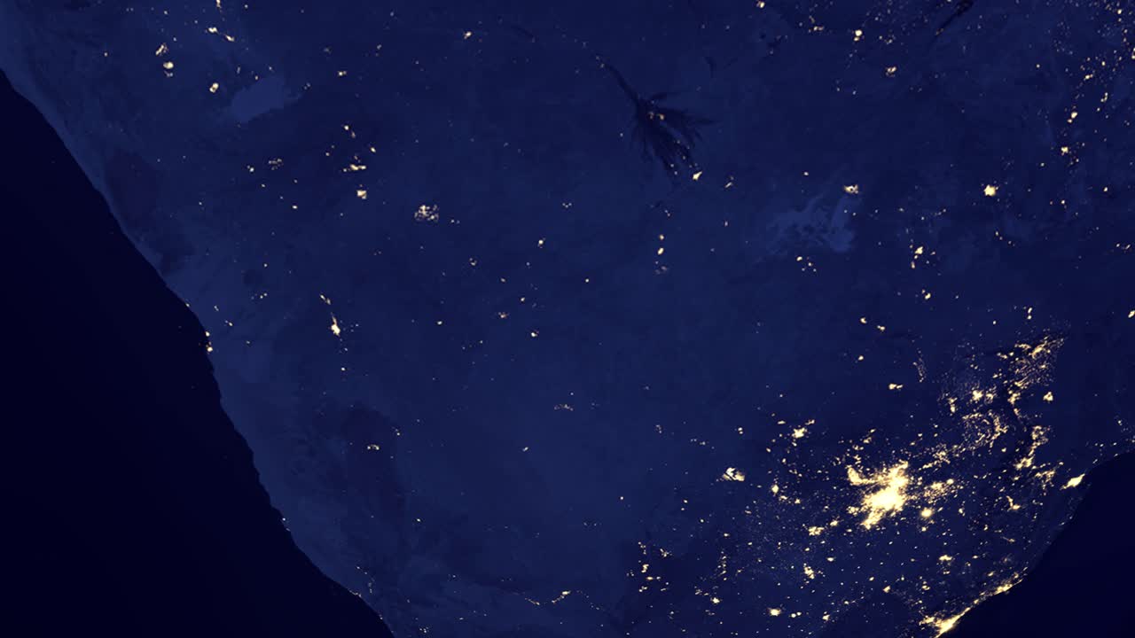 Digital animation zooms from outer space to a night view of Windhoek, Namibia, with labels