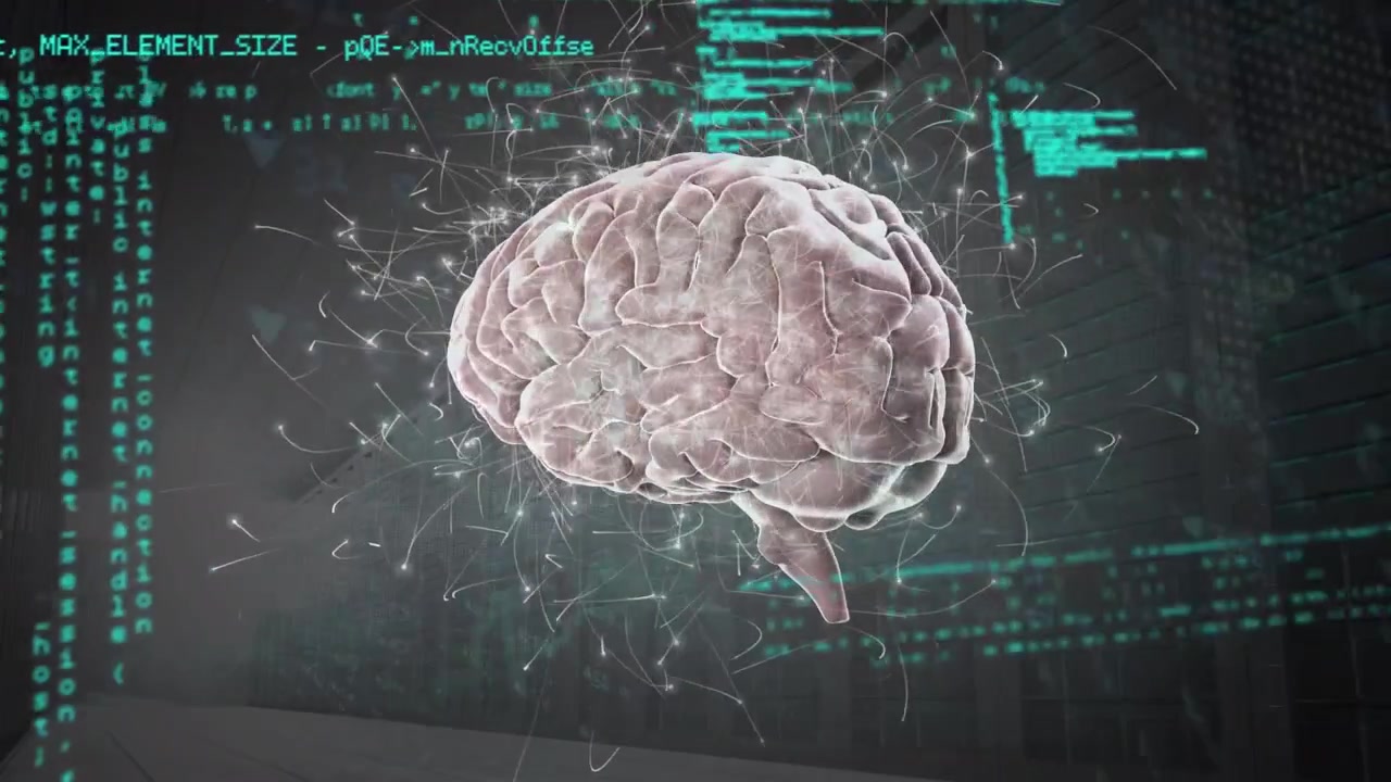 Animation of data processing and human brain over dark background