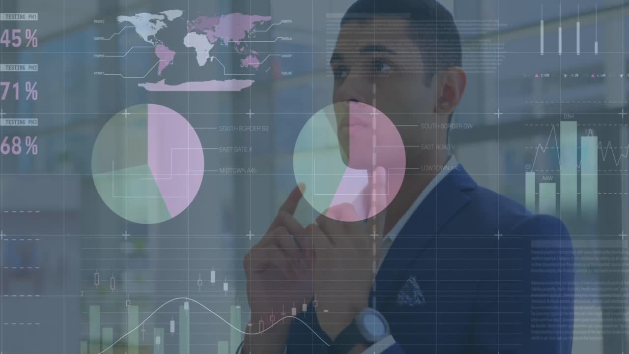 animación de estadísticas y procesamiento de datos financieros sobre empresario biracial