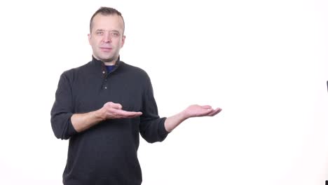 man presenting showing with hand in copy space