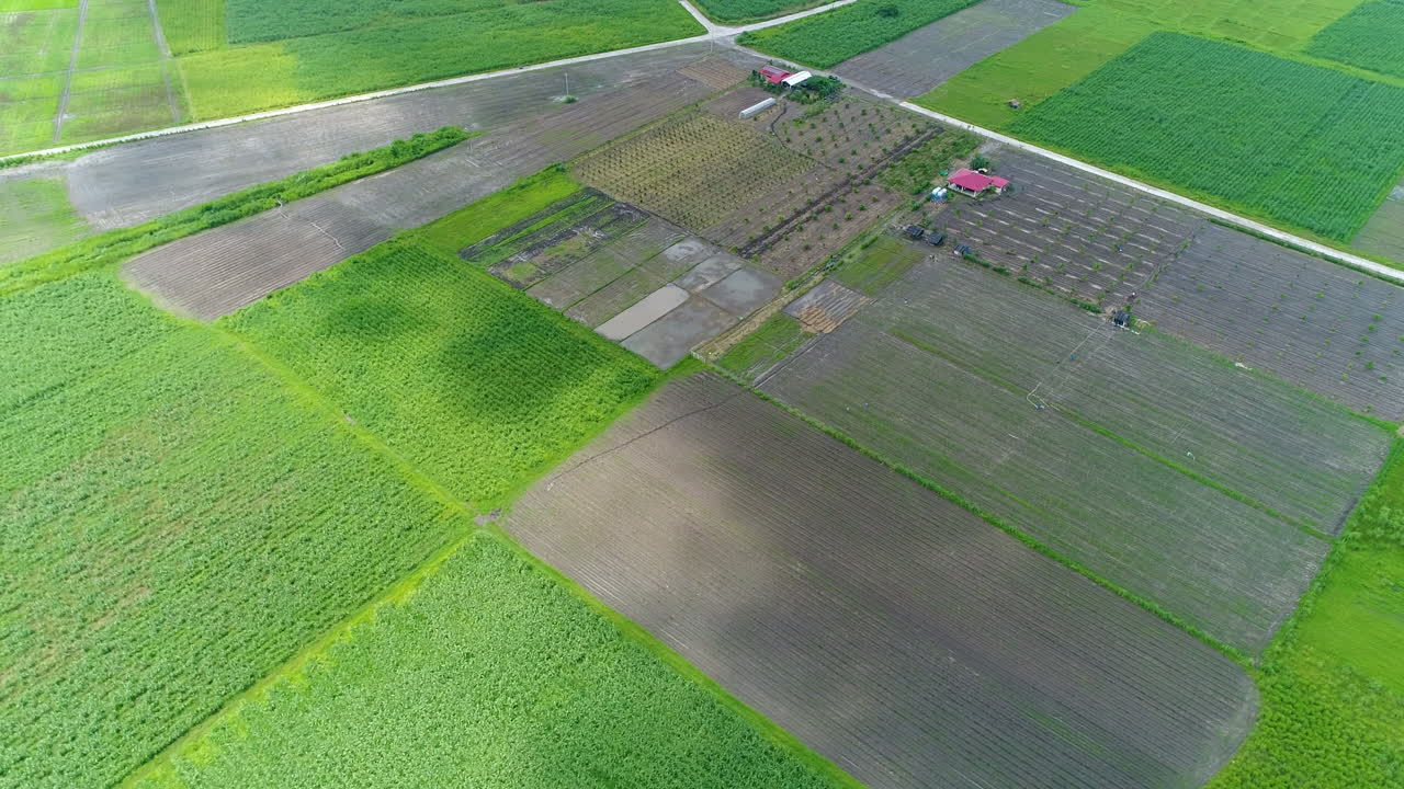 큰 구름의 그림자가 있는 농장의 넓은 공중 샷