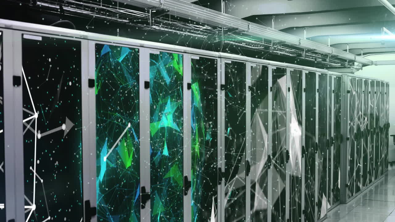 Animation of globe and shapes over server room