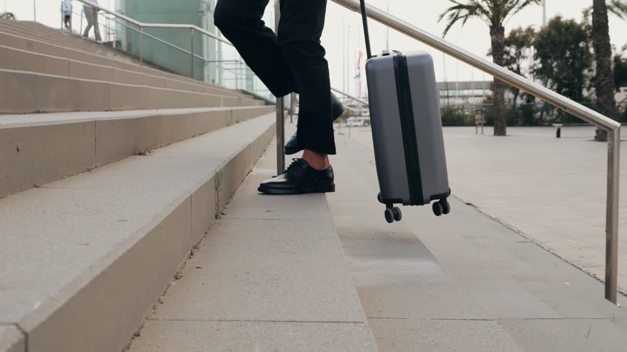 Tourist man with suitcase baggage in spain, A traveler with luggage suit jacket on business street go to a hotel, business office, airport terminal, enjoying the vibrant atmosphere