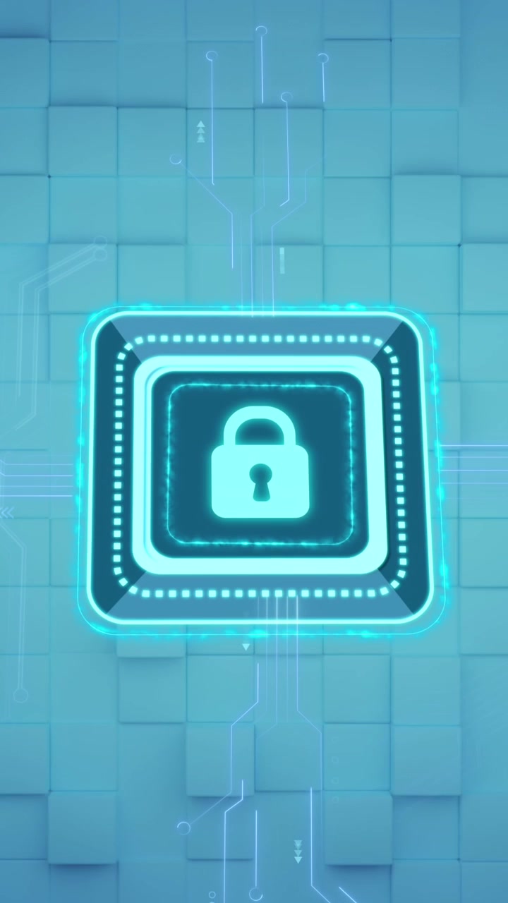 Animazione di lucchetto di sicurezza online digitale al neon che sfarfalla e blocchi verdi che si muovono sullo sfondo