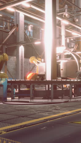 a futuristic factory with robotic arms on a conveyor belt