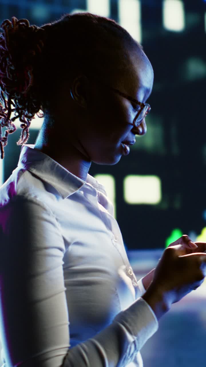 Vertical video Woman wandering around city with phone