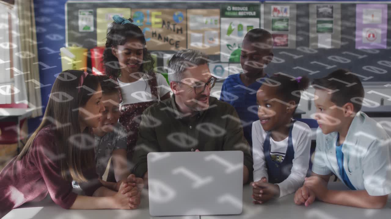 様々な教師と学校の子供たちのデータ処理のアニメーション