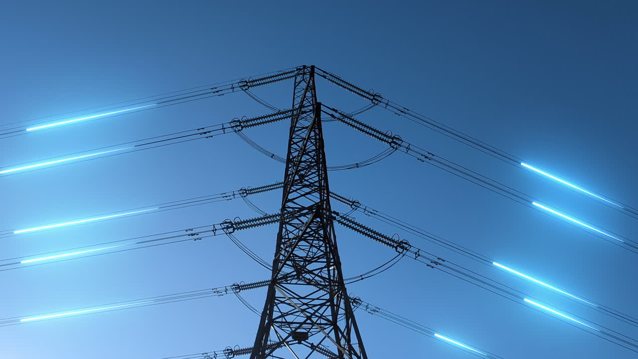 Blue Glowing Energy Lines Passing Through Electric Cables on Pylon Taking Power to Homes. Motion Graphic Overlay Illustration of Electricity Disribution on the Grid. Animation Over Real Footage