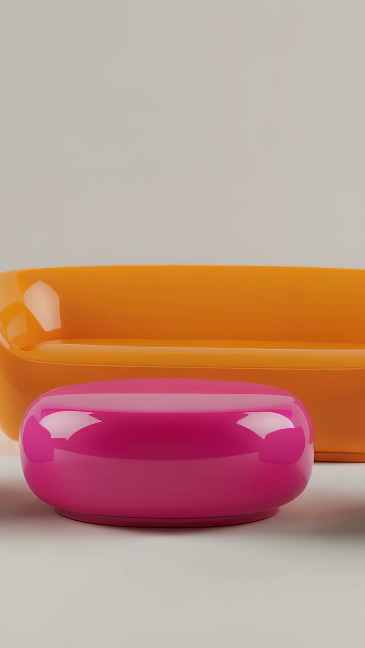 Vertical video: Panning camera on start showing magenta ottoman with orange sofa on set for catalog