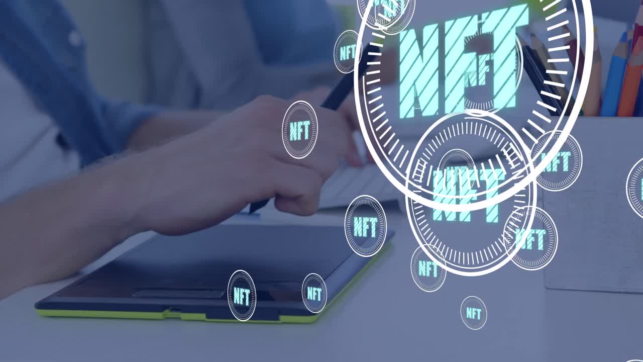 Animation of nft in circles over hands of caucasian man using tablet