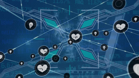 Animation-of-network-of-connections-with-digital-icons-scope,-laptop-and-data-processing