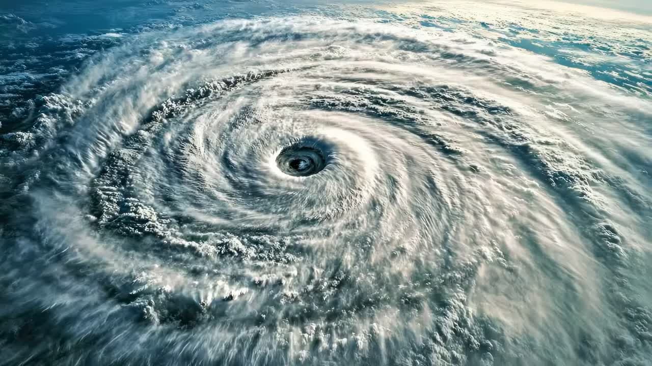 Aerial view of a swirling hurricane over the ocean, captured in a dramatic wide-angle shot