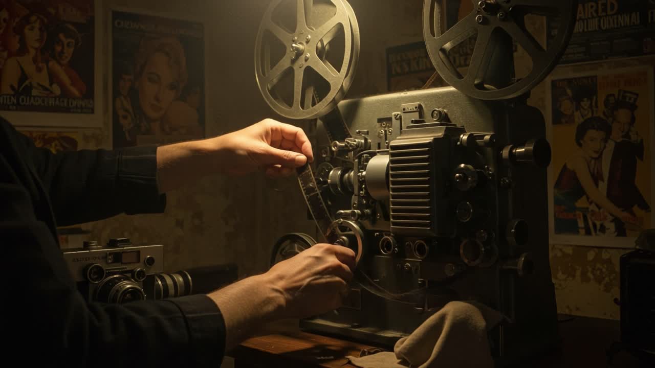 A Glimpse into the Art of Filmmaking: The Timeless Craft of Handling Film Projectors and Film Reels in a Vintage Setting