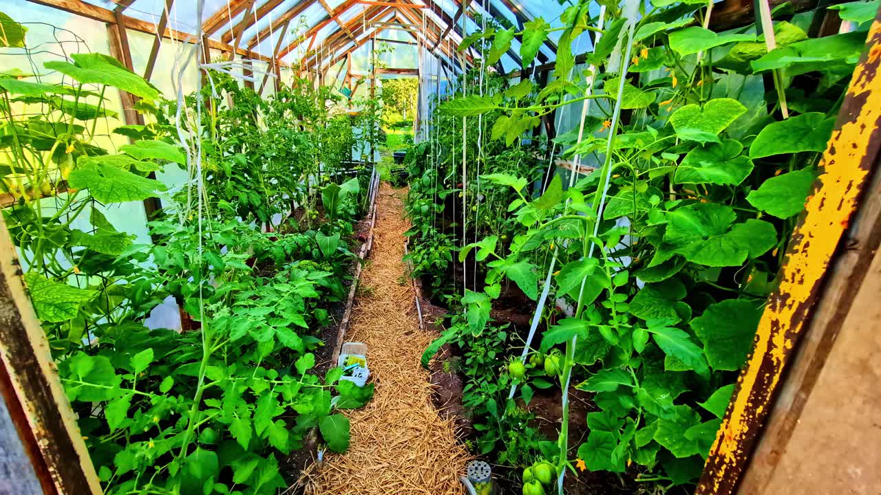 Entering the tomato and pumpkin garden in the greenhouse in Bene, Latvia
