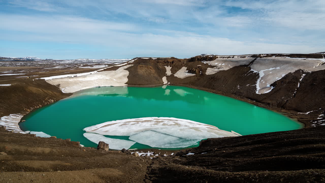 Krafla Glacier Lake, Highlands of Iceland. Timelapse of Turquoise Glacial Water in Volcanic Crater