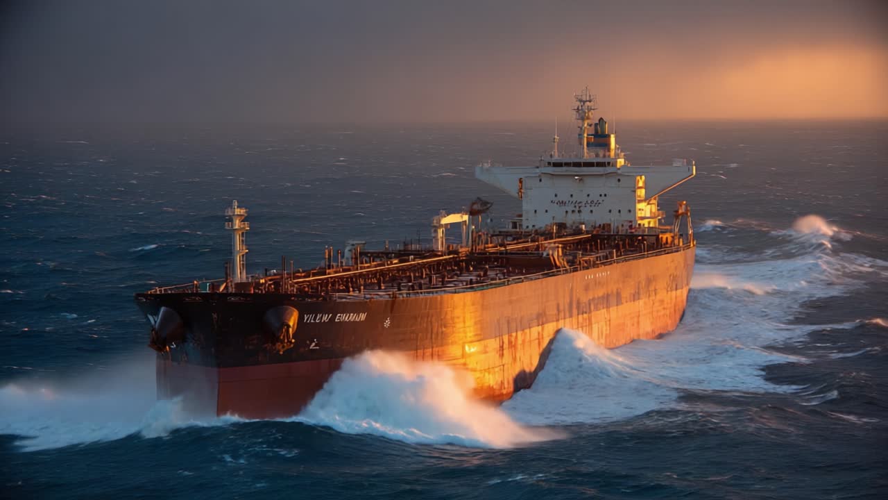 A Dramatic Voyage of a Cargo Ship Battling the Rough Seas Amidst Golden Sunset – Capturing the Power and Grace of Maritime Transport