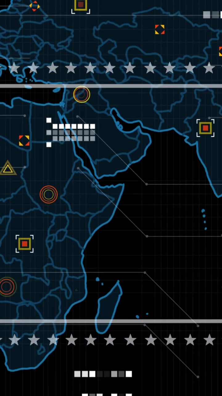 Animation of world map and icons on black background