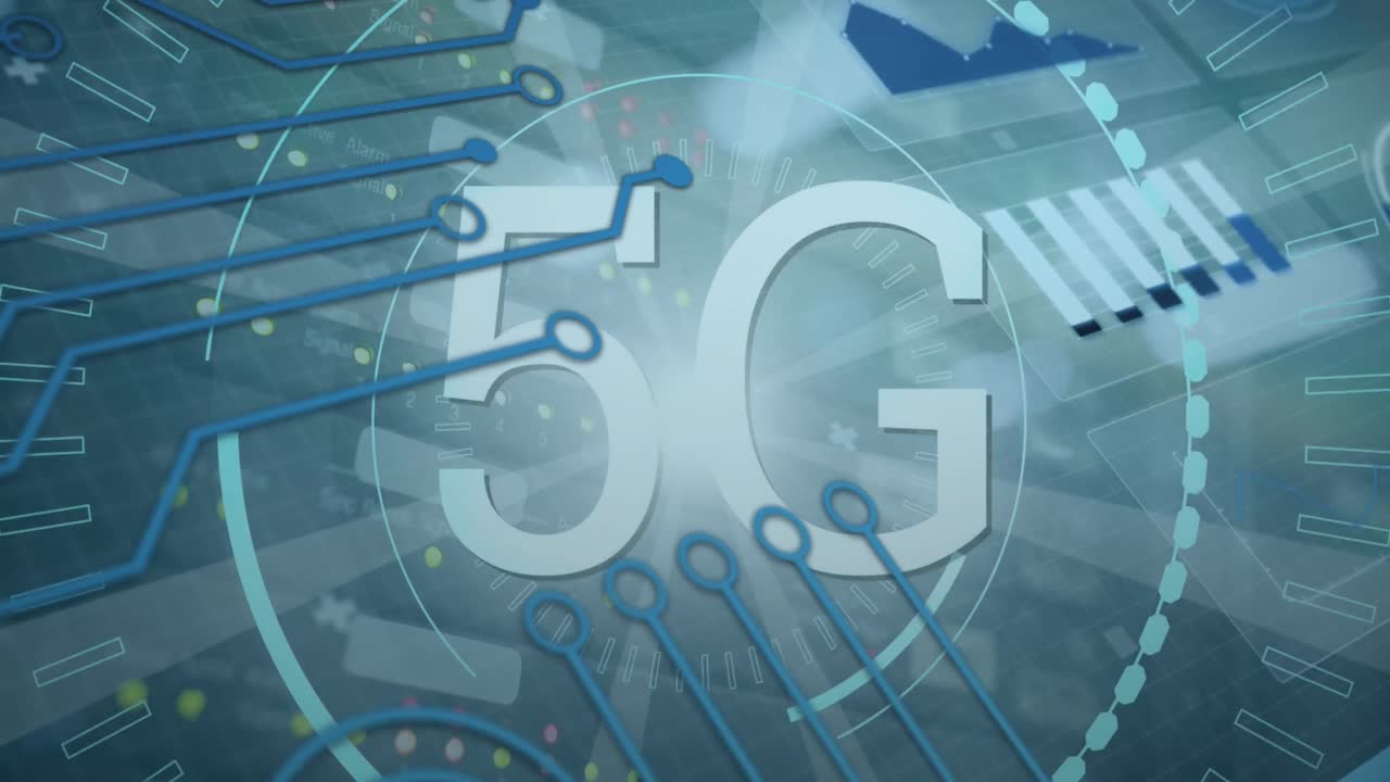 animación de texto 5g, escaneo de alcances y procesamiento de datos a través del servidor