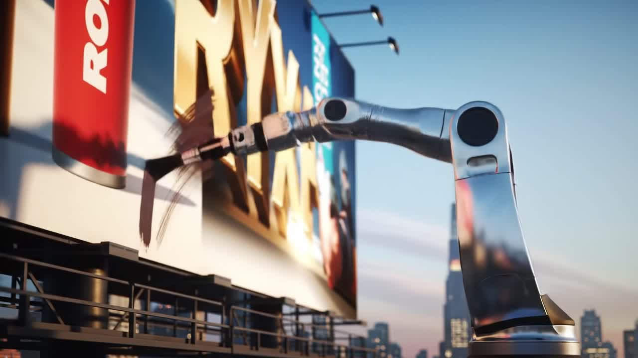 A Robotic Arm Skillfully Painting a Large Billboard While Showcasing Urban Architecture in a Futuristic Cityscape Background
