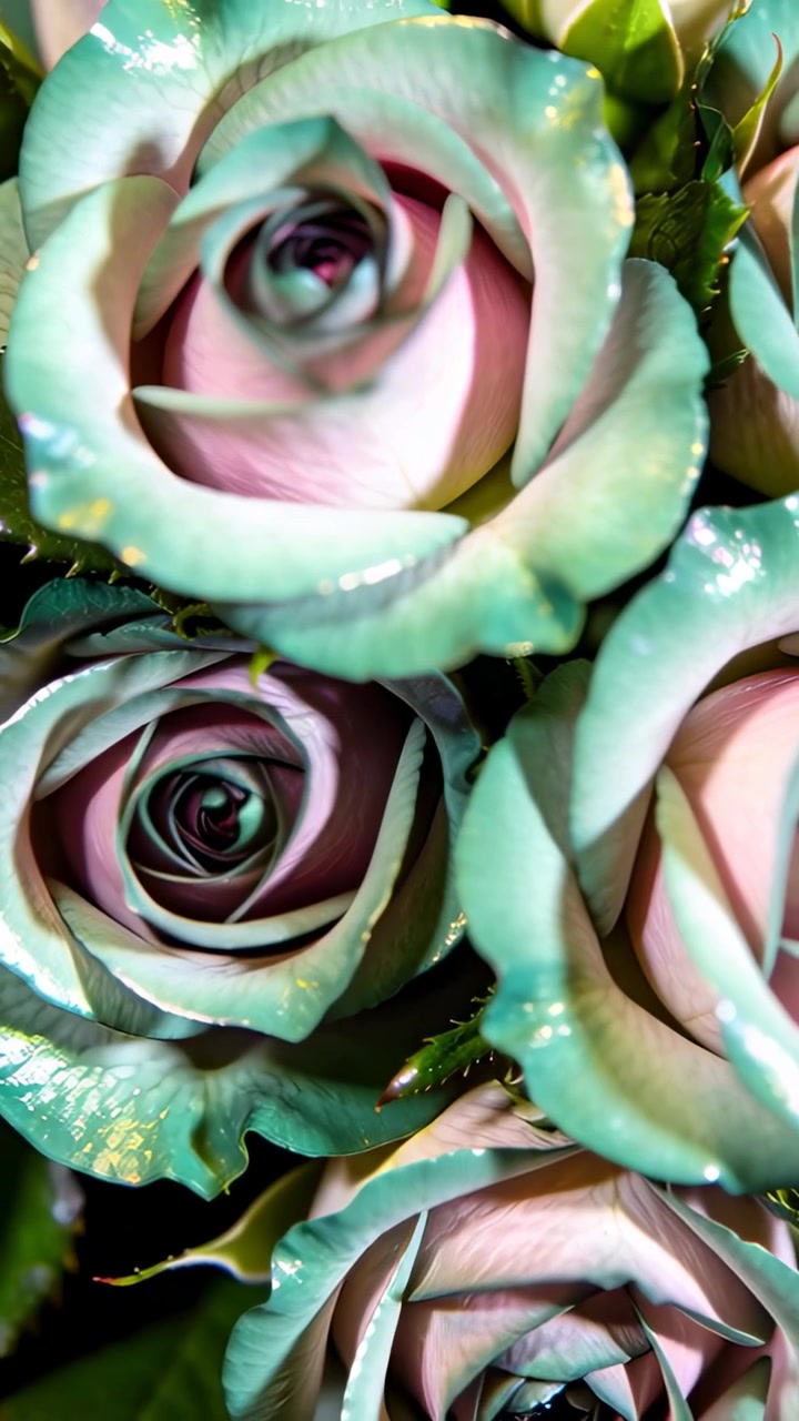 Video verticale: La telecamera si allontana rivelando tre rose rosa-verde acqua su un tavolo per mostrare goccioline lucide.