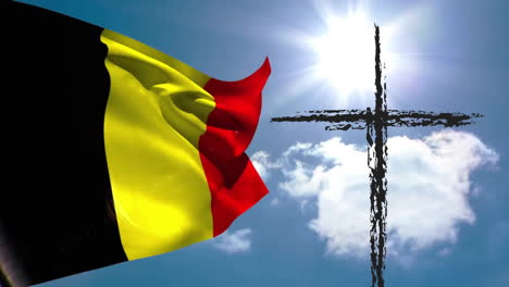 waving belgian flag with cross silhouette under bright sun and clouds animation