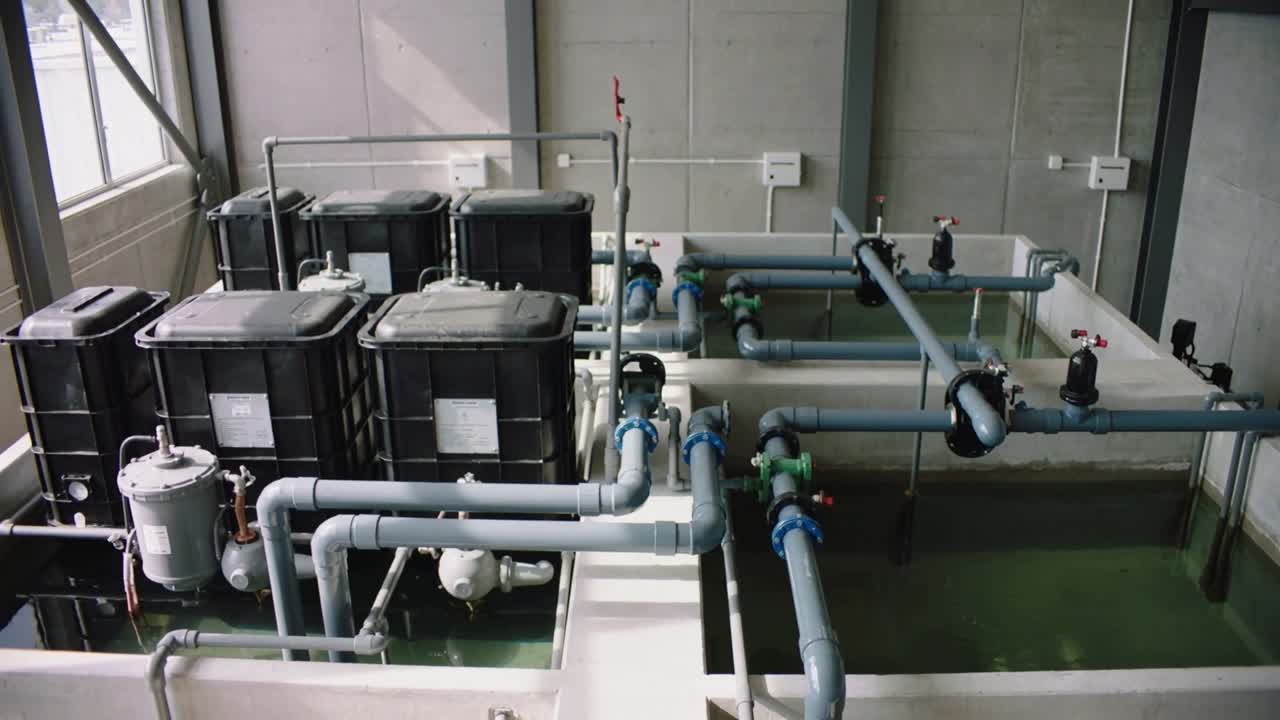 Telecamera in movimento che rivela l'assemblaggio nella sala macchine per mostrare la disposizione, la condizione degli IBC, dei tubi in PVC e delle valvole.