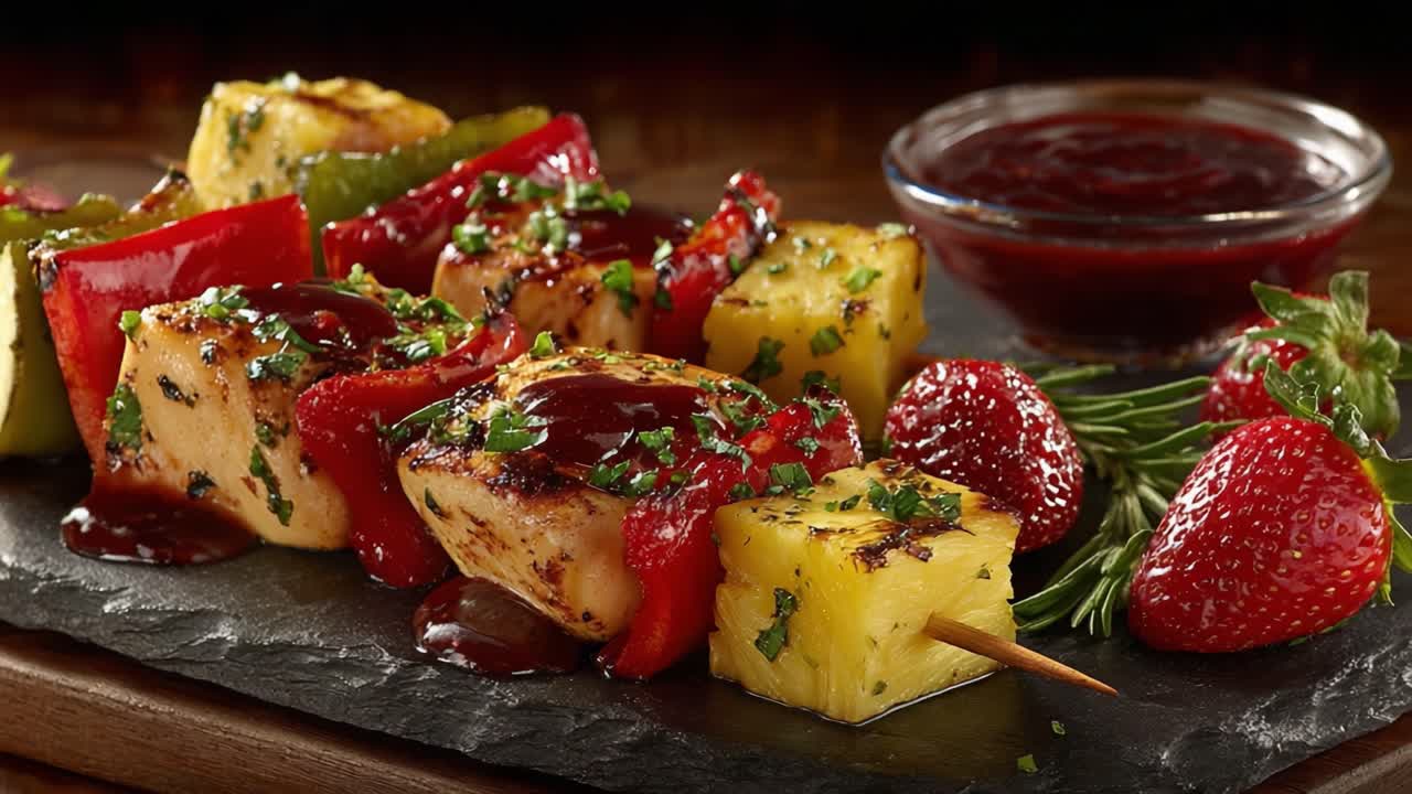Spiedini grigliati vivaci con pollo, verdure e salsa dolce: una deliziosa festa visiva per gli amanti del cibo e gli appassionati di cucina.