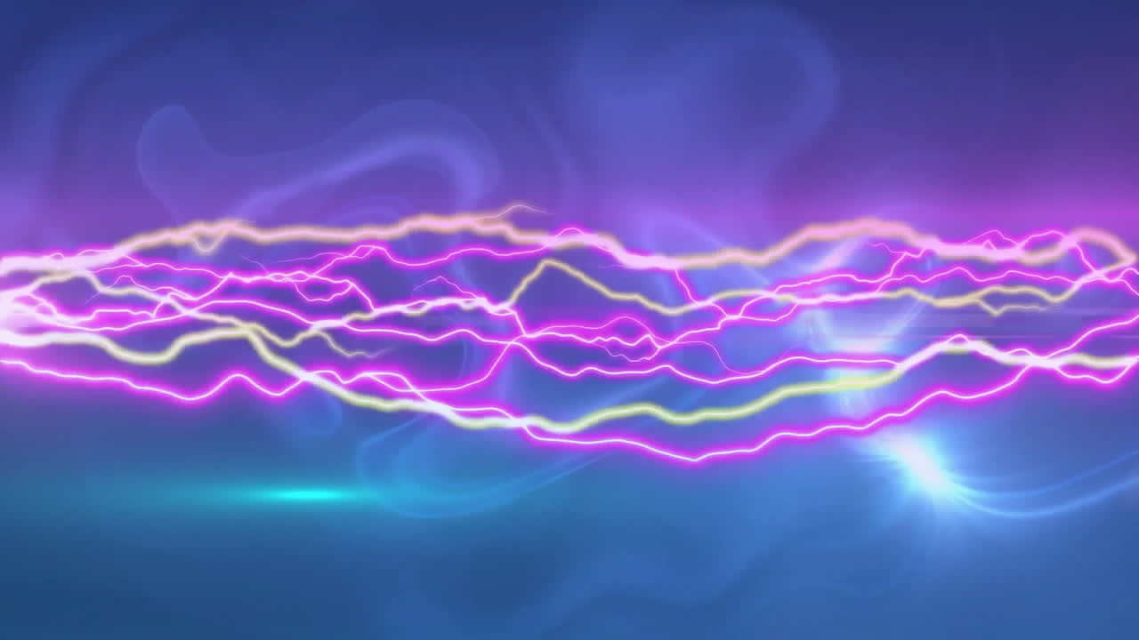 Animation of electric glowing trails over blue background