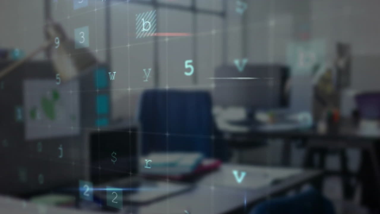 비어있는 사무실에서 데이터 처리와 함께 사이버 공격 경고의 애니메이션