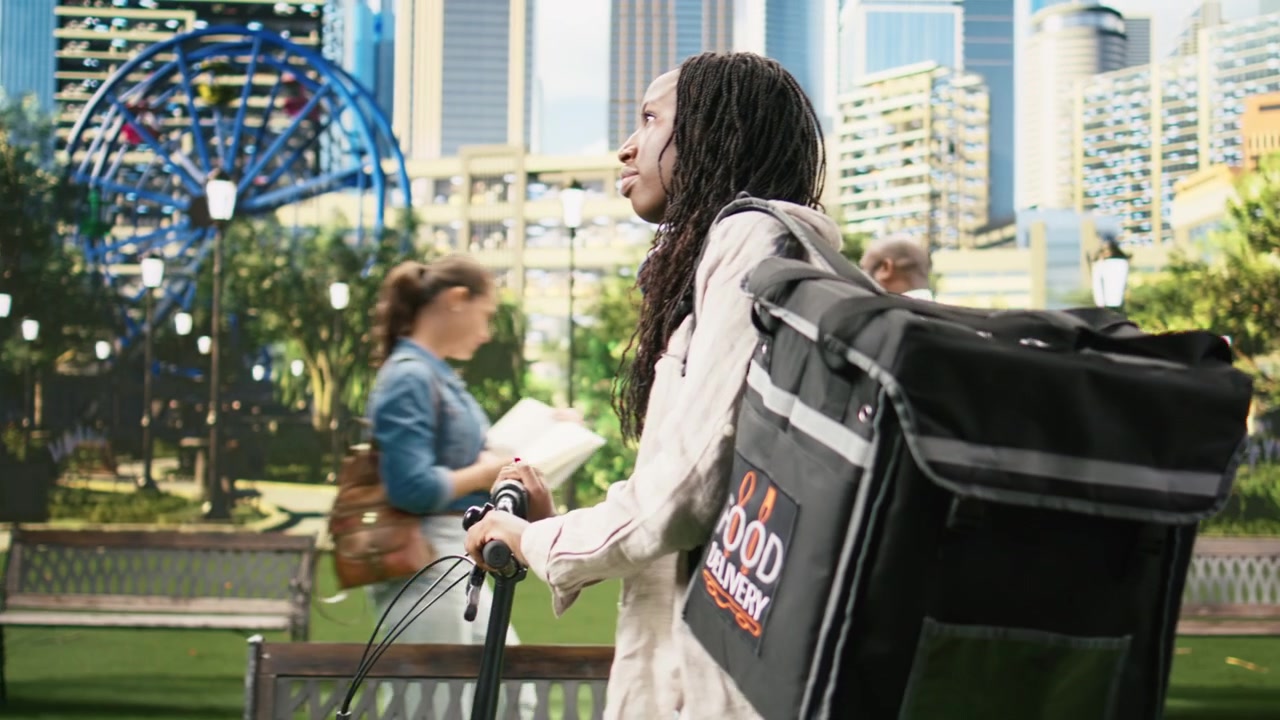Woman bicycle courier standing with bike and insulated delivery backpack