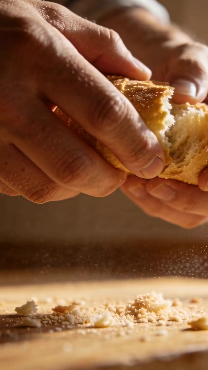 Vertical video: Gripping hands pulling crusty roll apart on board in kitchen to eat, crumbs falling