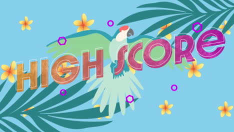 animación de texto de alta puntuación sobre plantas púrpuras y pájaro