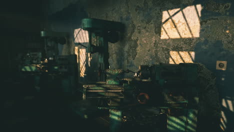 old workshop filled with machinery and shadows during sunset hours