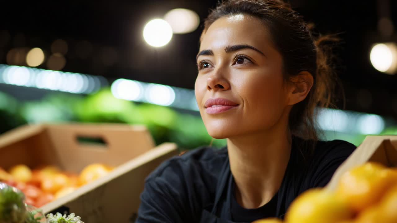 A Warm and Inviting Moment: A Smiling Woman Among Fresh Produce in a Lively Market, Capturing the Joy of Connection with Nature's Abundance and the Beauty of Everyday Life