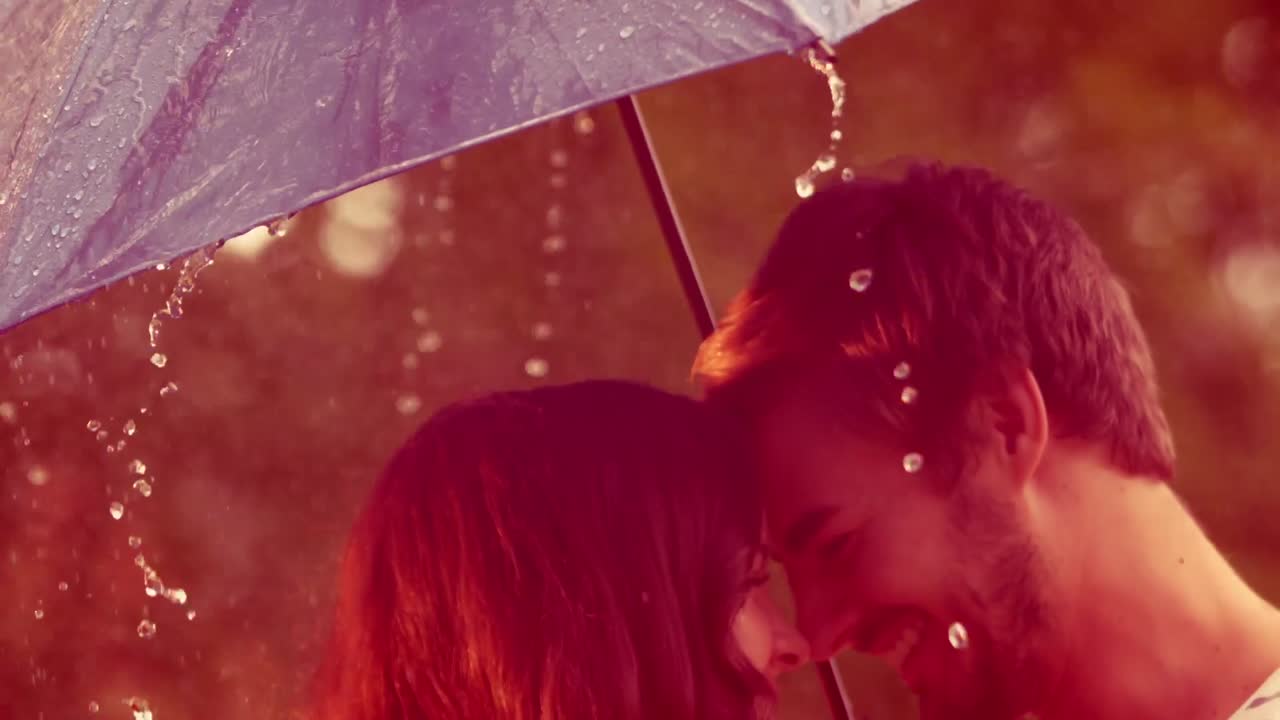 비가 내리는 동안 공원에서 포옹하는 행복한 커플