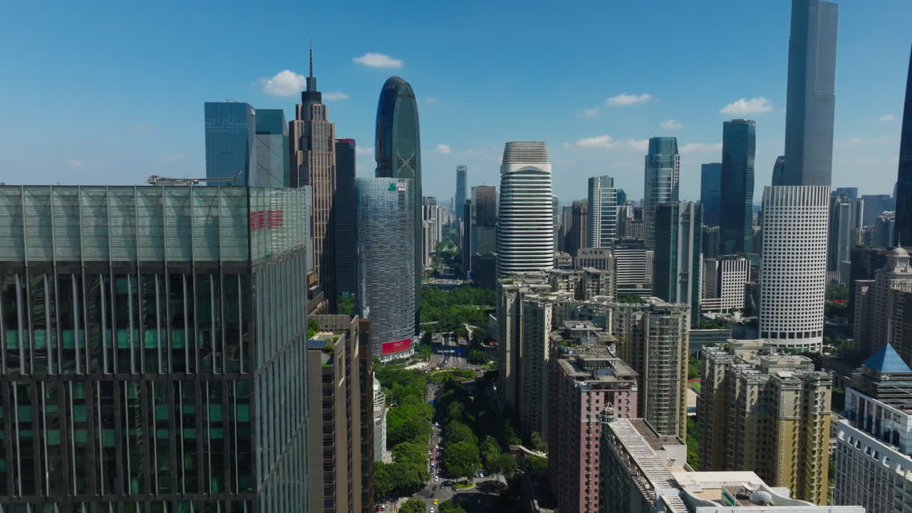 Guangzhou, china downtown with modern skyscrapers on a sunny day, aerial view