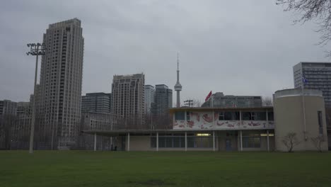 downtown landscape sports field with tower cityscape city skyline toronto ontario canada