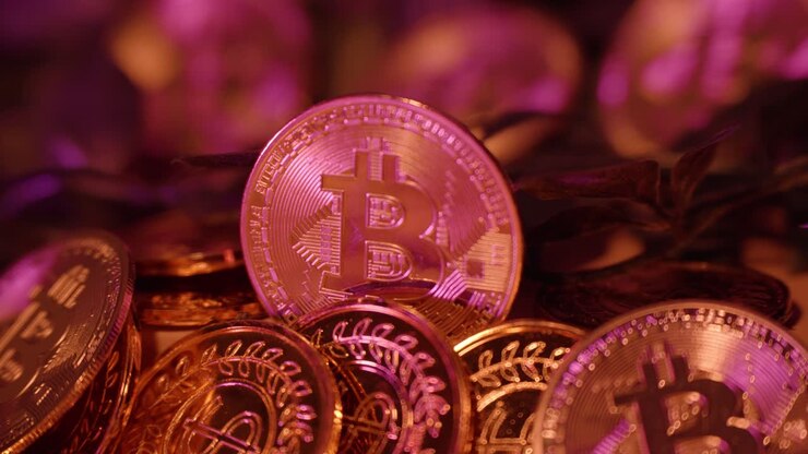 Primo piano di monete Bitcoin