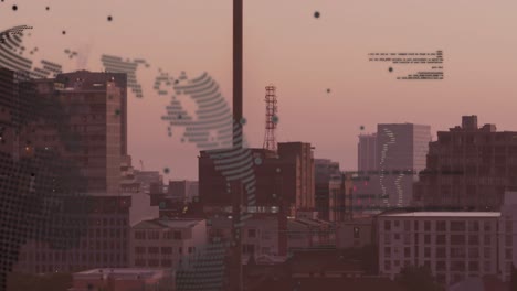 animación del procesamiento de datos financieros sobre el paisaje urbano
