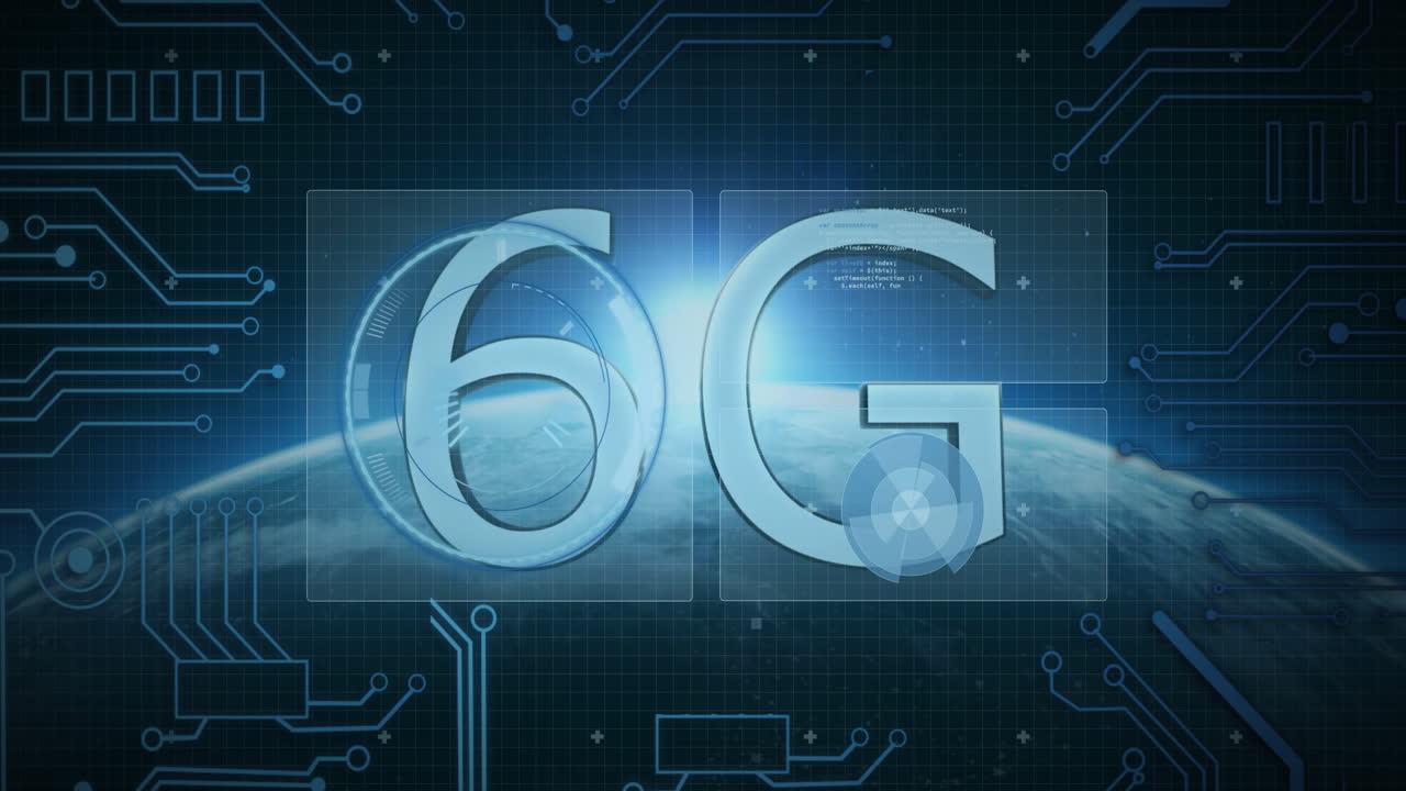 animación de texto 6g sobre placa de circuitos digitales y fondo de la tierra