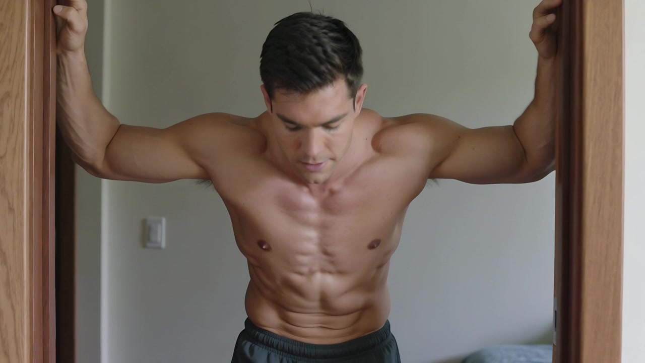 Uomo a torso nudo che afferra lo stipite di legno della porta, facendo stretching per il petto in camera da letto per attivare i muscoli.