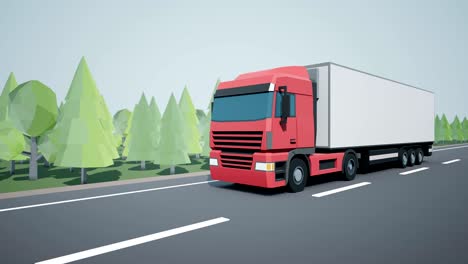 front view camera follows euro semi truck with cargo trailer driving on highway. low poly graphics.