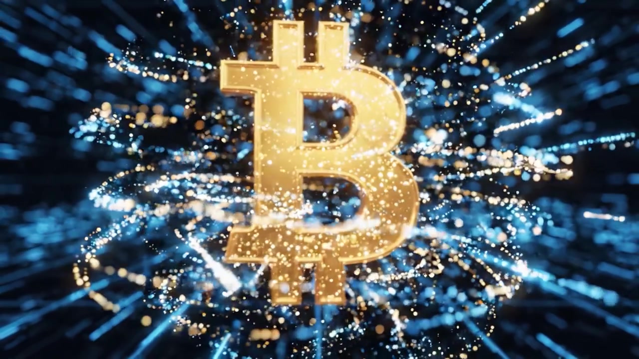 Dynamic Representation of Digital Currency with a Focus on the Golden Bitcoin Surrounded by Streams of Light, Symbolizing Blockchain Technology and Financial Innovation.