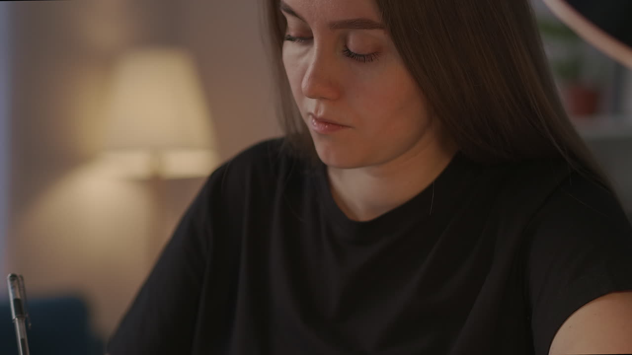 studentessa sta imparando online leggendo informazioni o visualizzando webinar sul portatile scrivendo appunti nel quaderno seduta a tavola a casa la sera ritratto scattato
