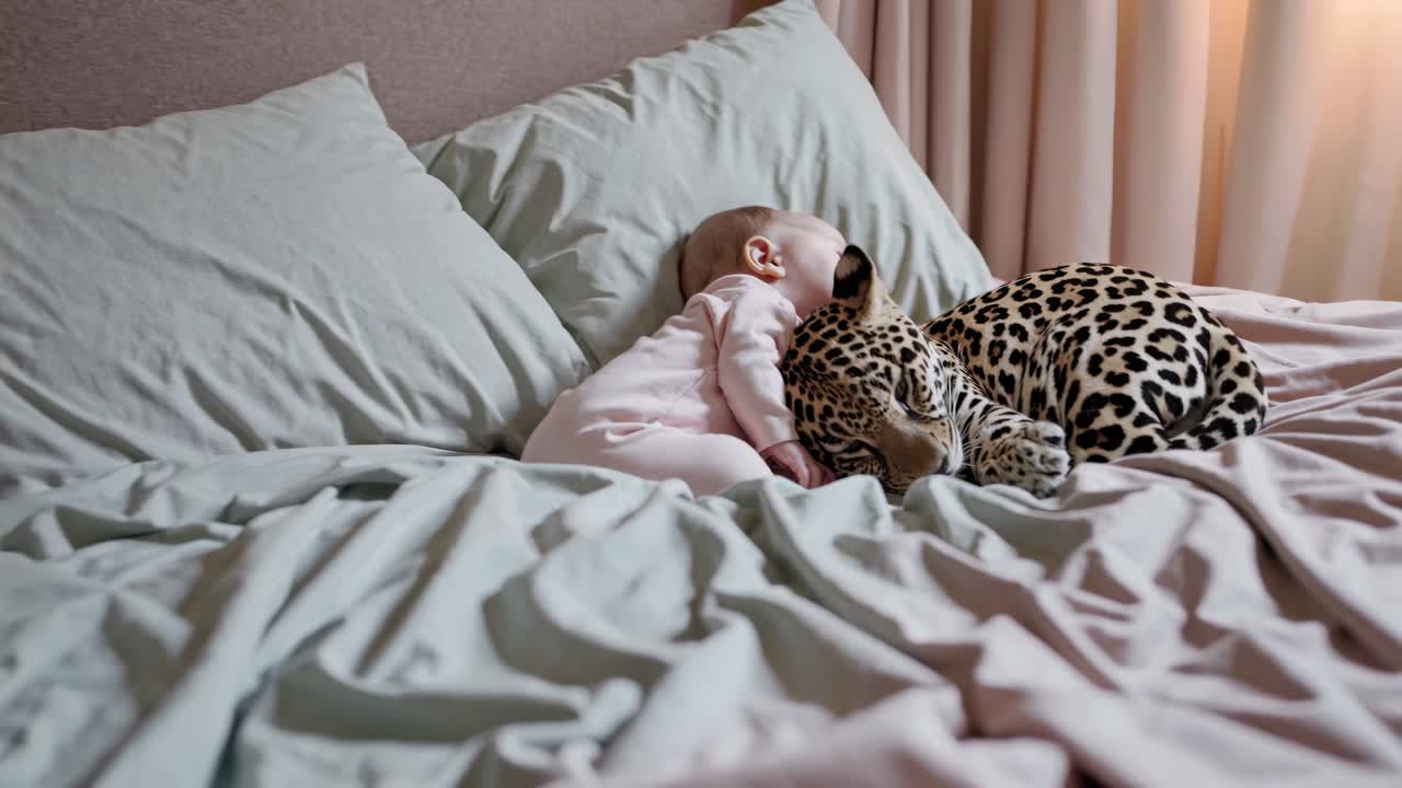 아기와 호랑이가 함께 자고 있습니다.