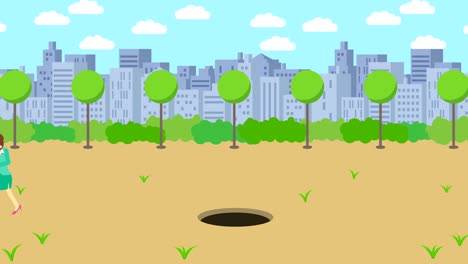 business woman jump over the hole. background of town. risk concept. loop illustration in flat style.