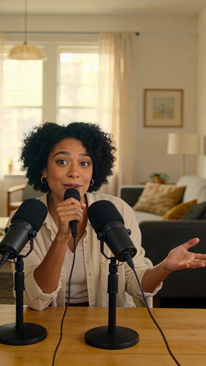 Vertical video: Recording host in beige top holding mic gesturing to camera at home with desk mics