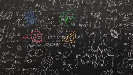 Animation-Von-Molekülen-Und-Chemiesymbolen-Mit-Schulartikelsymbolen-Auf-Schwarzem-Hintergrund